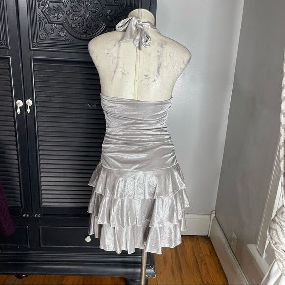 Vintage Y2K S Boho Glam Dress Silver Slinky Drop Waist Fairy Goth Metallic‎ - Picture 4 of 7